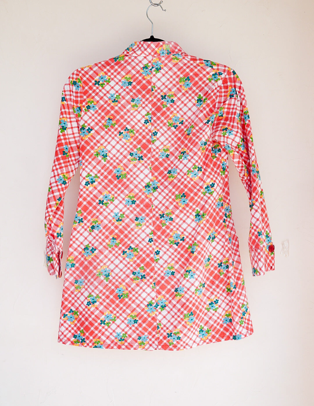 Robe mini 70's rouge à carreaux et fleurs