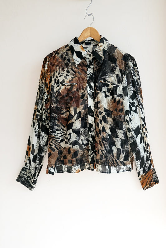 Blouse à motif abstrait en crêpe et mesh