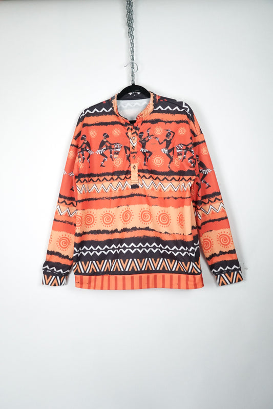 Pull orange a motif africains